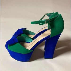 Shiekh Green and Blue Platform Heels with Bow Accent